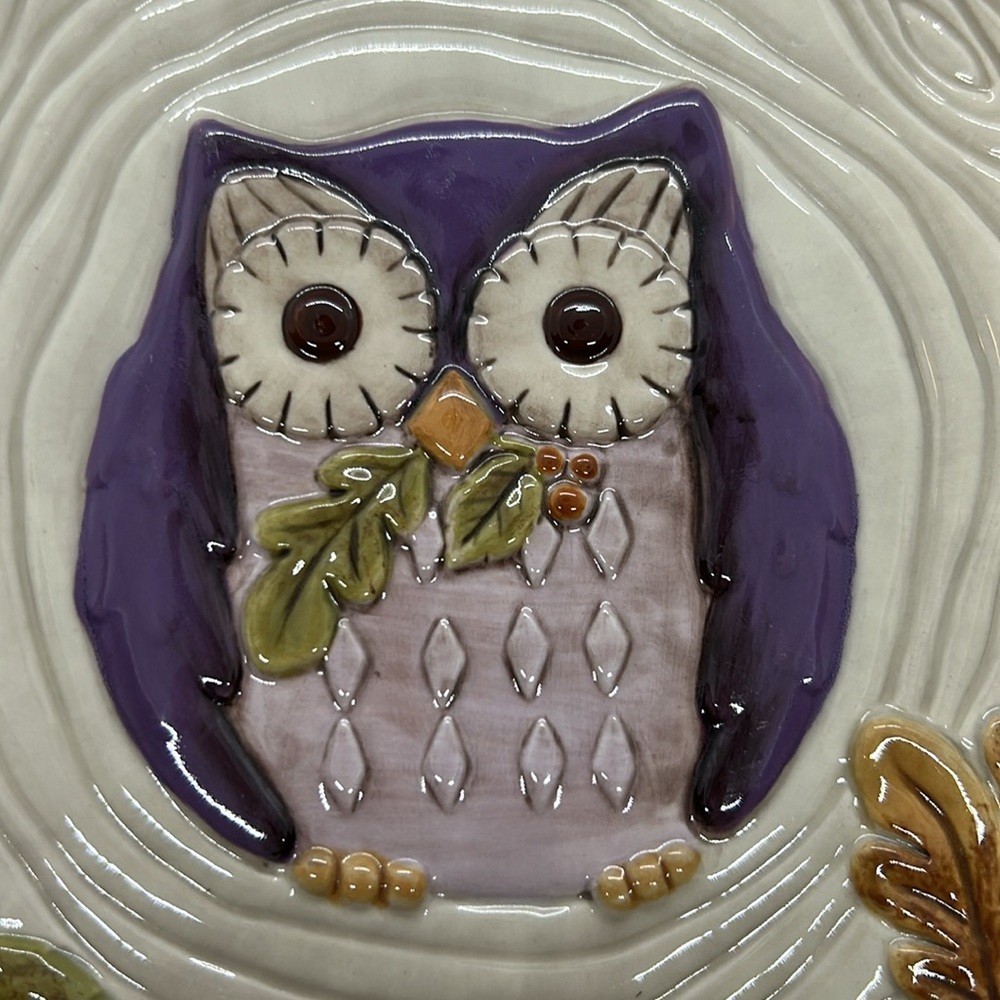 Grasslands Road OWL PLATES Woodgrain Tree Stump Leaves Set of 2 NEW WITH TAG - Picture 5 of 8